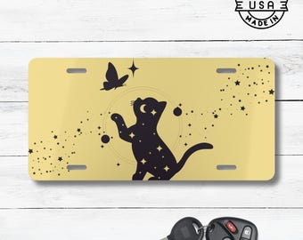 Cat and Butterfly Car Tag, Yellow and Black Auto Decor