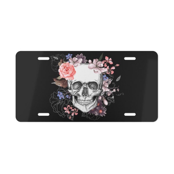 Vintage Floral Skull License Plate, Skulls and Roses Halloween Custom Vanity Car Tag, Gift for New Car/ New Driver/ Learner Permit
