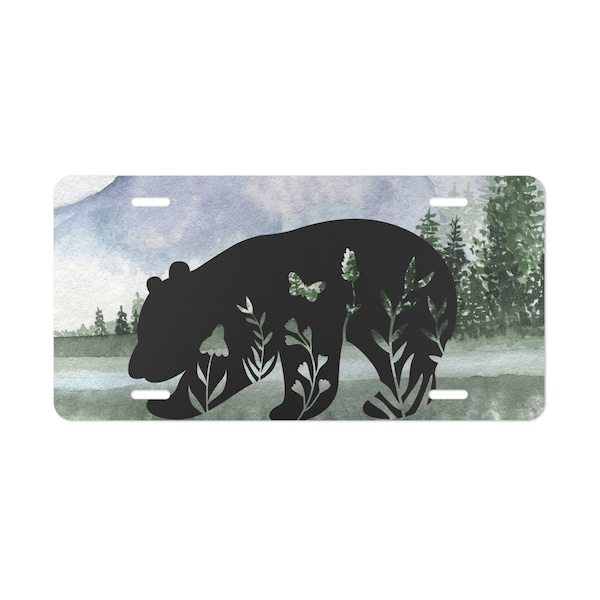 Painted Watercolor Bear License Plate | Wildlife in Spring Vanity Car Tag | Gift for New Car/ New Driver/ Nature Lover