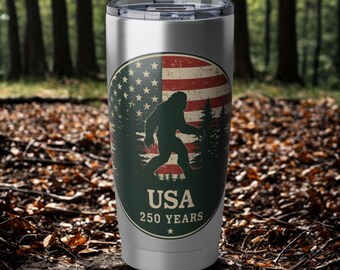 Taza de viaje con la bandera estadounidense de Bigfoot / Vaso con tapa conmemorativo de los 250 años de Estados Unidos