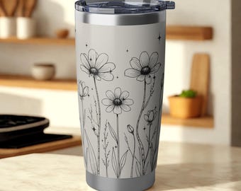 Vaso térmico de viaje color crema con estampado floral / Vaso térmico suave estilo boho con estampado floral y tapa.