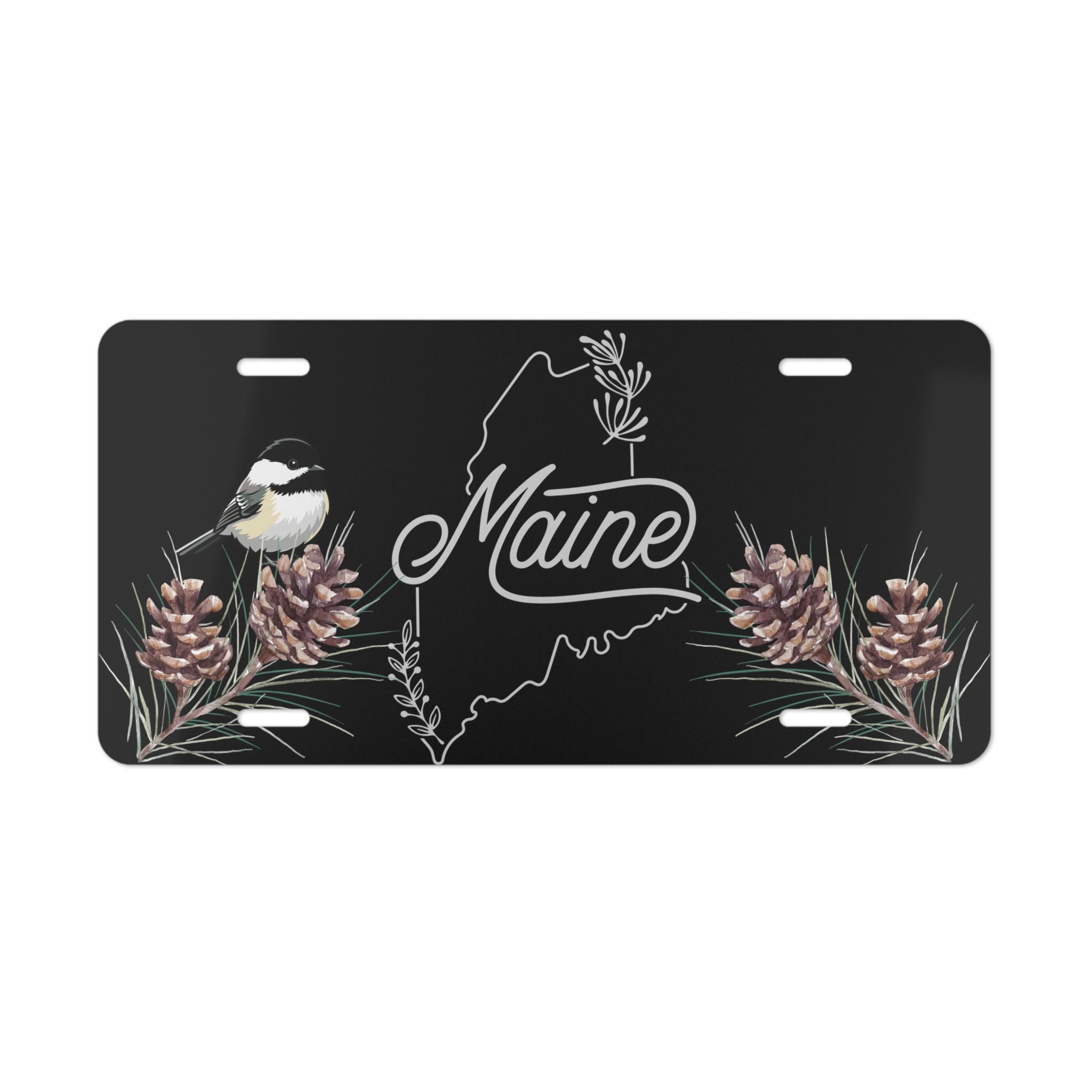 Maine State Bird & Flower Car Tag | Black-capped Chickadee and