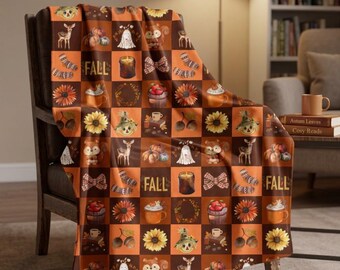 Cozy Autumn Fleece Blanket, Snuggle Throw, Fall Decor, Pumpkin Pattern, Seasonal Gift, Home Comfort