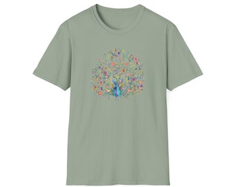 Camiseta colorida con estampado de pavo real / Camiseta de verano para mujer