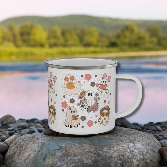 Book Ghost Enamel Camping Mug – 12 oz | Cozy Fall Reading & Halloween Mug