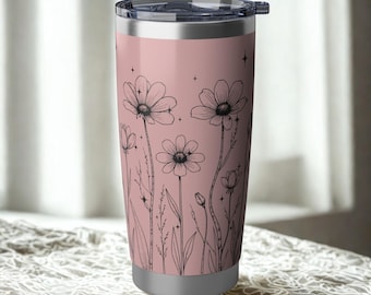 Vaso térmico rosa palo con estampado floral para viajes / estilo bohemio suave con tapa.