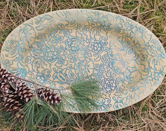XL Stoneware Pottery Platter: Dahlia in Copper Green