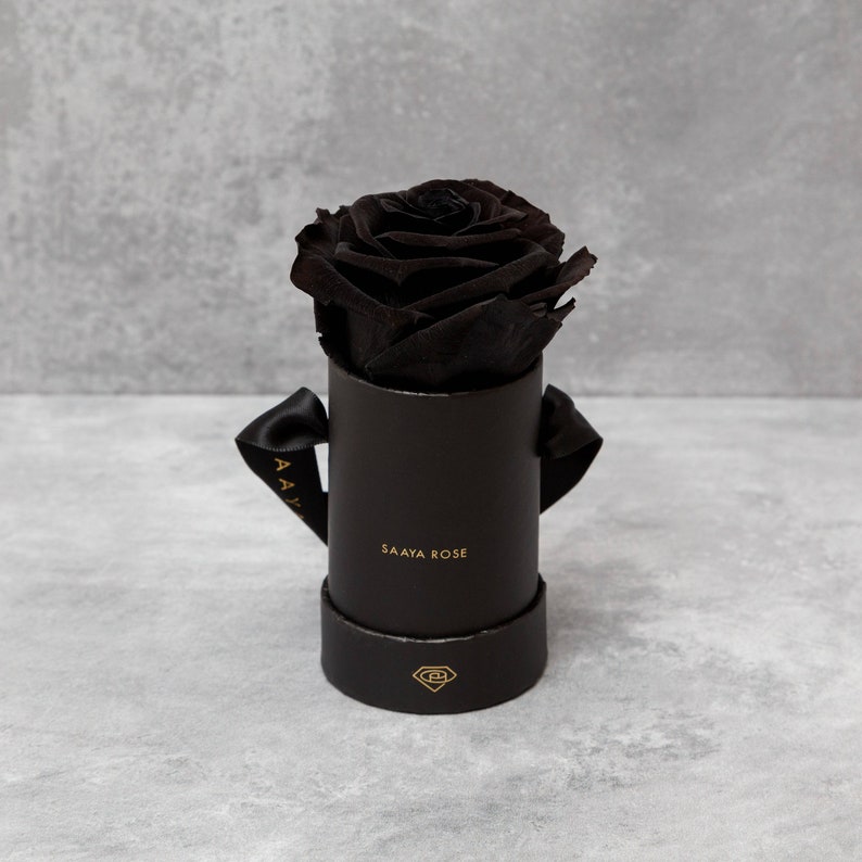 Puede incluir: Una rosa negra en una caja redonda negra con una cinta negra. La caja tiene texto dorado que dice "SAAYA ROSE" y un logotipo dorado. La rosa es el punto focal, sobre un fondo gris.