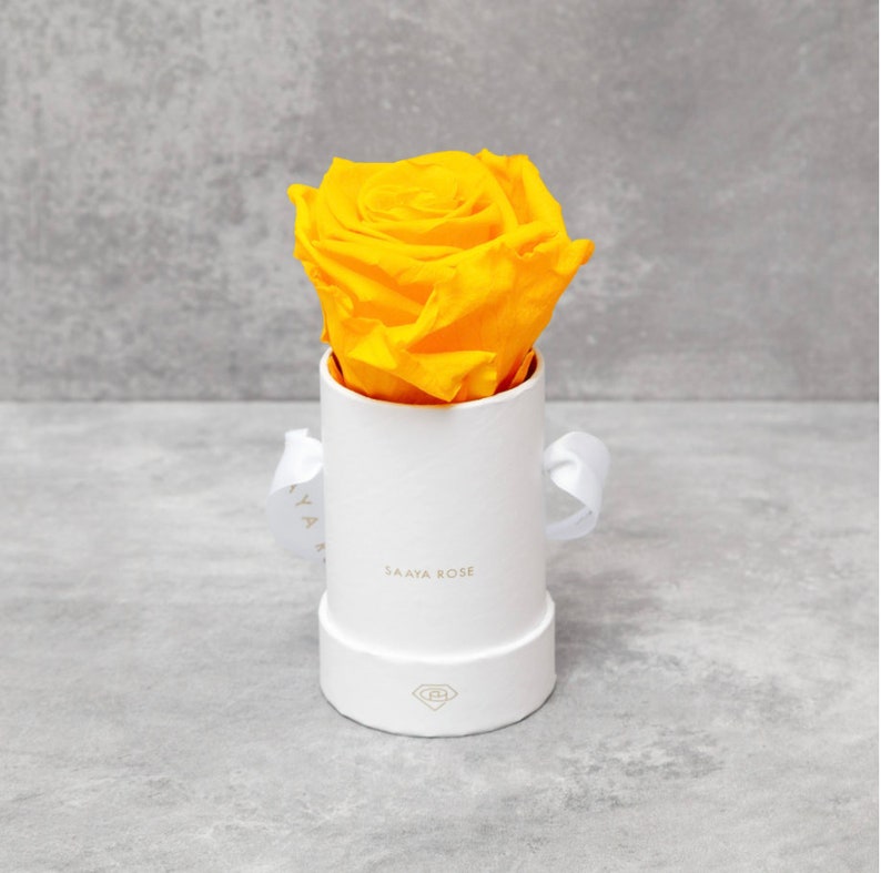 Puede incluir: Una rosa amarilla brillante en una caja de regalo redonda blanca con una cinta blanca. La caja tiene las palabras "SAAYA ROSE" impresas en la parte delantera. La rosa es el punto focal, con su color vibrante contrastando con el blanco de la caja.
