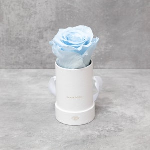 Puede incluir: Una rosa azul claro en una caja de regalo cil&iacute;ndrica blanca. La caja tiene una tapa a juego, una cinta blanca y el texto dorado "SAAYA ROSE". La rosa es el foco principal, con sus delicados p&eacute;talos y su color suave. La caja mide unos 8 cm de alto.