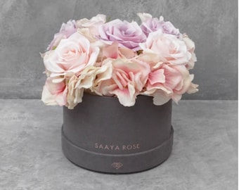 Mezcla Floral de Seda / en una pequeña caja redonda - LUZ PINK/PURPLE, Cada flor de flores duradera