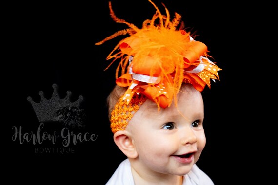 Orange OTT Bow With Ostrich Feather Puff Baby Headband Over the