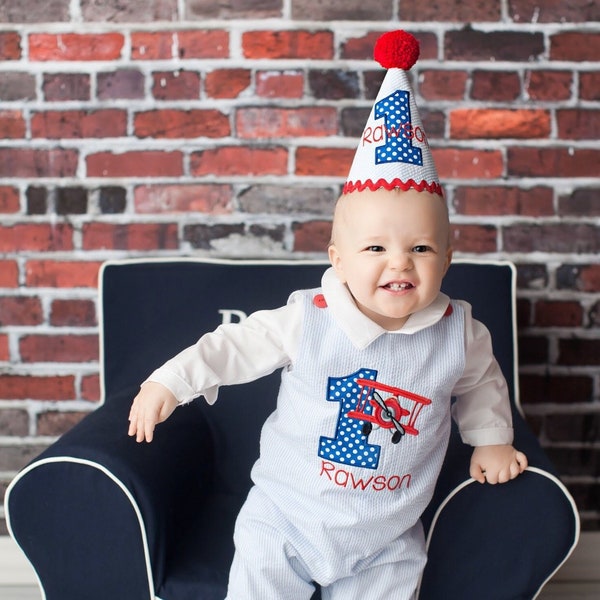 Boys Airplane Birthday Jon,Boys Birthday Romper,Airplane Birthday Shortall,Add Birthday Hat,Applique Birthday Longall,Airplane Birthday