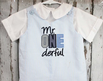 Baby's First Birthday Outfit, Personalized Mr ONe derful Jon Jon Romper Longall Shortall Bubble, Add Hat White Collar Shirt,Fast Shipping