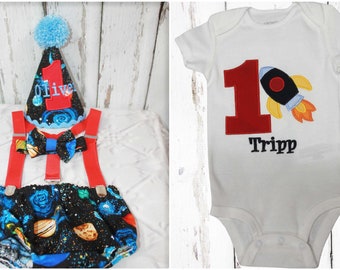 Boys Birthday Rocket Cake Smash, Spaceship Rocket Out of this World First Birthday Outfit, Diaper Cover Hat Bow Tie Bodysuit, Fast Shipping