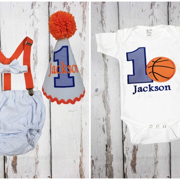 Basketball Cake Smash Outfit Boy First Birthday, Basketball Party, 1st, 2nd, 3rd, Diaper Cover, Birthday Hat, Bow Tie, Suspenders, Bodysuit