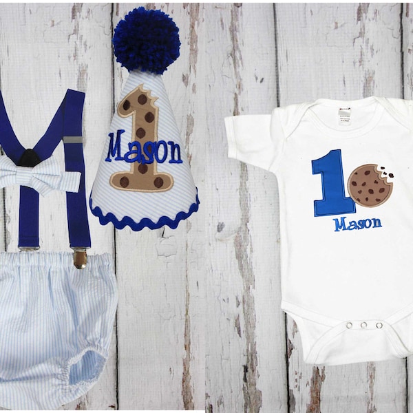 Cookie Cake Smash Boy First Second Third Birthday Outfit Diaper Cover Birthday Hat Bow Tie Suspender Bodysuit Highchair Banner Fast Shipping