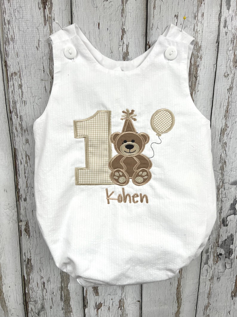 Boys Teddy Bear Birthday Jon Outfit,Boys Birthday Romper,Teddy Bear Birthday Shortall,Longall,Add Birthday Hat Fast Shipping image 8