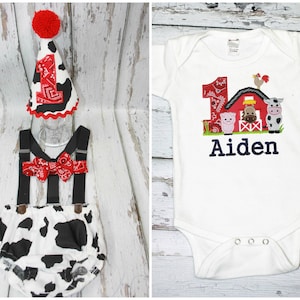 Boys Barnyard Cake Smash Outfit,Farm Animal, Barn Cake Smash Outfit,Farm Birthday Party, First Birthday Outfit,Hat, Highchair Banner