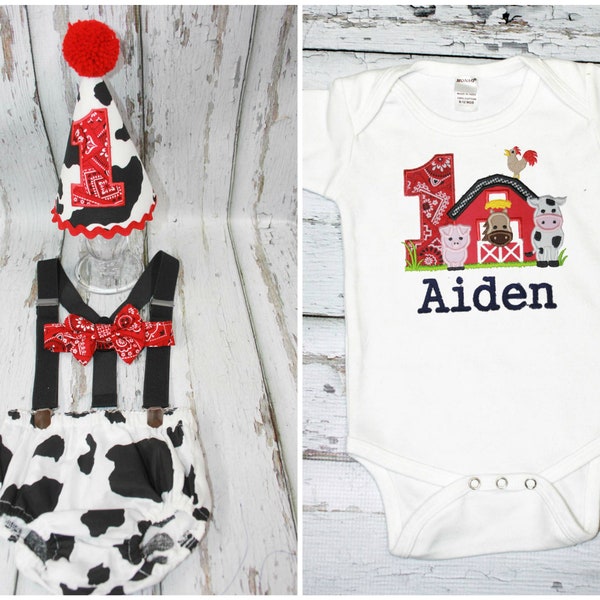 Boys Barnyard Cake Smash Outfit,Farm Animal, Barn Cake Smash Outfit,Farm Birthday Party, First Birthday Outfit,Hat, Highchair Banner
