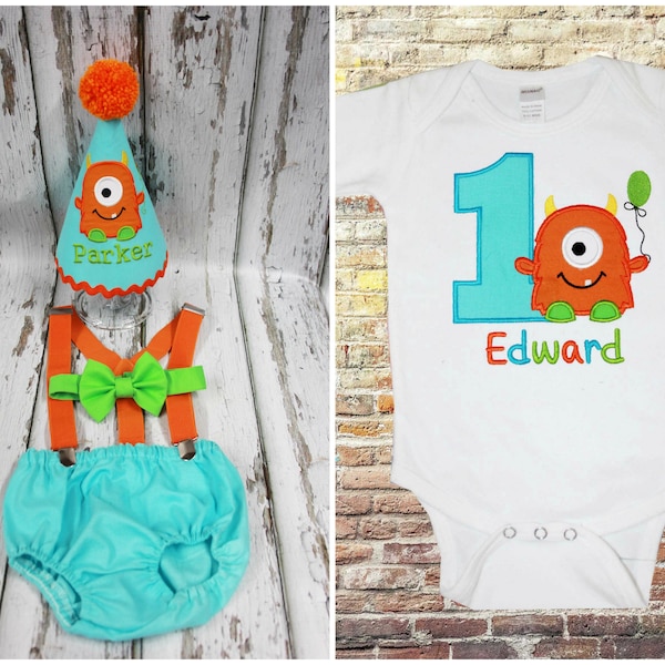 Monster Cake Smash,Boys Cake Smash Outfit,Boys First Birthday Outfit,First Birthday Clothes,Birthday Hat,Bodysuit,Suspenders,Diaper Cover