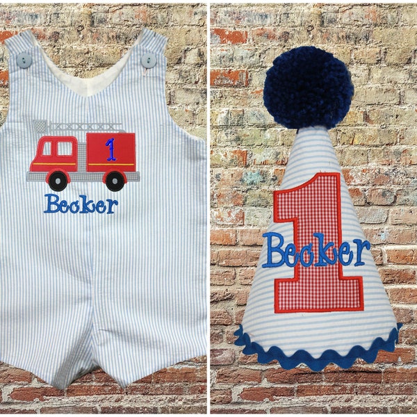 Boys Firetruck Birthday Jon,Boys Birthday Romper,Firetruck Birthday Shortall,Add Birthday Hat,Applique Birthday Longall,Firetruck Birthday