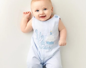 Baby's Half Birthday Outfit, 6mo Birthday Cupcake, Personalized cupcake Jon Jon Romper Longall Shortall, Bubble