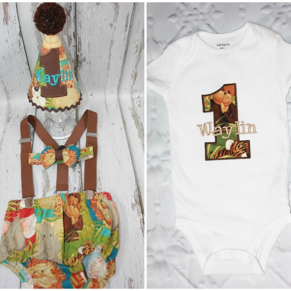 First Birthday Boy Jungle Cake Smash Outfit, Zoo Birthday Party, Jungle Birthday Shirt, Birthday Hat, Bow Tie, Suspenders, Diaper Cover