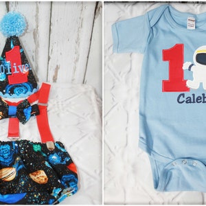 Boys Birthday Astronaut Cake Smash, Spaceship Rocket Out of this World First Birthday Outfit, Diaper Cover Hat Bow Tie Bodysuit