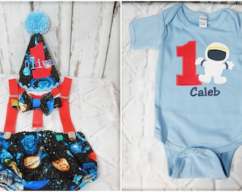 Boys Birthday Astronaut Cake Smash, Spaceship Rocket Out of this World First Birthday Outfit, Diaper Cover Hat Bow Tie Bodysuit