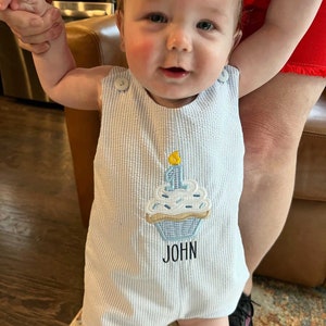 Baby's First Birthday Outfit, Personalized cupcake Jon Jon Romper Longall Shortall, Shirt Sold Separately, Add Hat Fast Shipping