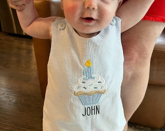 Baby's First Birthday Outfit, Personalized cupcake Jon Jon Romper Longall Shortall, Shirt Sold Separately, Add Hat Fast Shipping