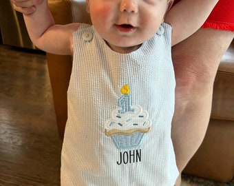 Baby's First Birthday Outfit, Personalized cupcake Jon Jon Romper Longall Shortall, Shirt Sold Separately, Add Hat Fast Shipping