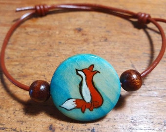 Fox Bracelet/ Wood Burned, Hand Painted Fox Boho Bracelet. Gifts for Fox Lovers/ Red Fox Adjustable Leather Bracelet/ Animal Lover Jewelry.