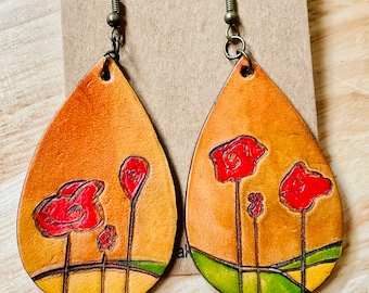 Poppy Flower Leather Dangle Earrings. Hand Burned, Hand Painted Poppy/ Red Flowers Earrings. August Birthday Flower Gifts