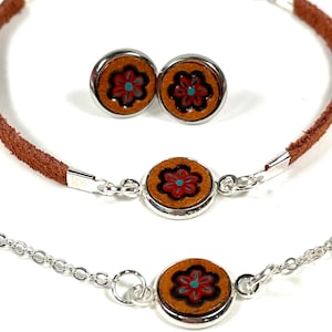 Hand Painted Leather Flower Jewelry Set | Flower Stainless Steel Studs | Flower Choker | Flower Deer Lace Bracelet