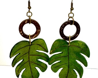 Handmade Leather Monstera Leaf Earrings: Green Boho Dangles