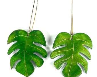 Handmade Leather Monstera Leaf Earrings: Tropical Plant Jewelry