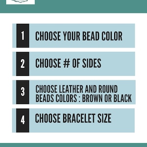 May include: How to order a beaded bracelet. Choose your bead color, number of sides, leather and bead colors, and bracelet size. After ordering, send a message to the seller with your choices.