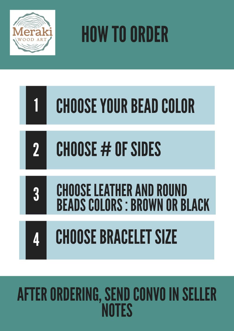 May include: How to order a beaded bracelet. Choose your bead color, number of sides, leather and bead colors, and bracelet size. After ordering, send a message to the seller with your choices.