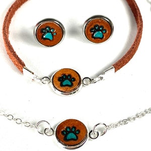 Paw Print Leather Jewelry Set| Stainless Steel Paw Print Leather Earrings | Dog Mom Gifts | Paw Print Choker | Paw Print Bracelet