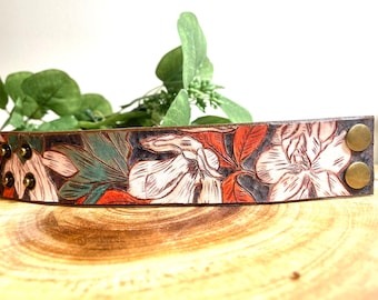 Floral Leaf Leather Cuff, Hand burned and Hand Painted. Statement Leather Cuff