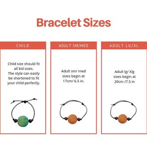 May include: Three bracelet size options are shown: Child, Adult SM/MED, and Adult LG/XL. Each option includes a description of the size range and a photo of a bracelet. The Child bracelet is green, the Adult SM/MED bracelet is brown, and the Adult LG/XL bracelet is brown.