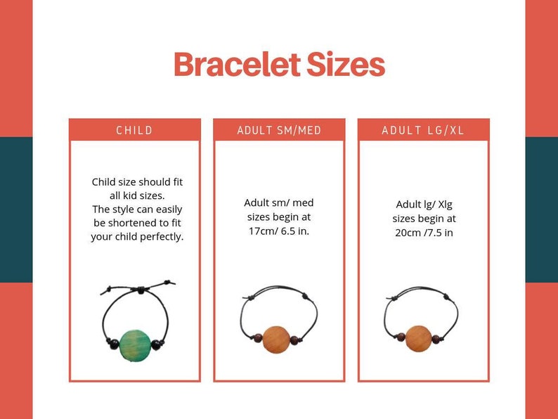May include: Three bracelet size options are shown: Child, Adult SM/MED, and Adult LG/XL. Each option includes a description of the size range and a photo of a bracelet. The Child bracelet is green, the Adult SM/MED bracelet is brown, and the Adult LG/XL bracelet is brown.