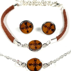 Compass Rose Jewelry Set | Compass Rose Stainless Steel Studs | Compass Rose Choker | Compass Rose Deer Lace Bracelet| adventure seeker gift