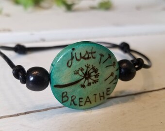 Wood Burned 'Just Breathe' Bracelet: Personalized Meditation Gift