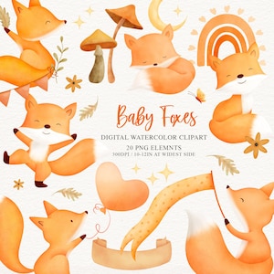 Otoño bebé zorro acuarela clipart set png, otoño bosque animal corazón globo banner bunting hoja de seta arco iris flor luna estrella vivero