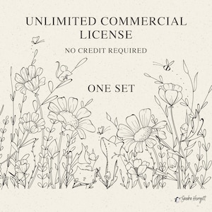 May include: Black and white line art illustration of a set of flowers, leaves, and animals. The text "UNLIMITED COMMERCIAL LICENSE" and "NO CREDIT REQUIRED" is at the top of the image. The text "ONE SET" is in the center of the image. The text "Sandra Herrgott" is at the bottom of the image.