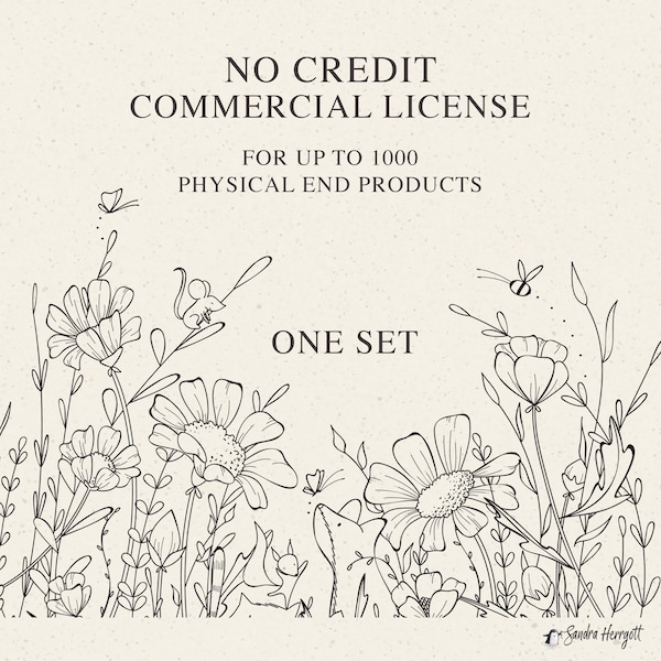 NO CREDIT Commercial License for One Set, for up to 1000 Units, Digital Svg, Png, Eps, Pdf, Jpg, Clipart, Procreate Brushes, Digital Papers