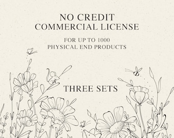 NO CREDIT Commercial License for THREE Sets, for up to 1000 Units, Digital Svg, Png, Eps, Pdf, Jpg Clipart, Procreate Brushes, Digital Paper